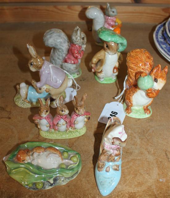 8 Beswick Beatrix Potter figures, Timmy Tiptoes, Squirrel Nutkin, etc, brown back stamps(-)